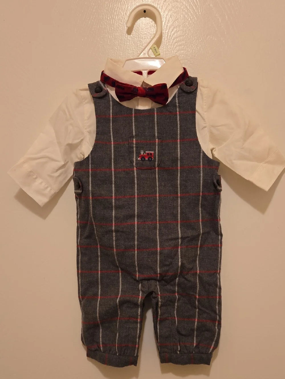 Baby Boys Gray Plaid Romper with Red Bow Tie, NWT.